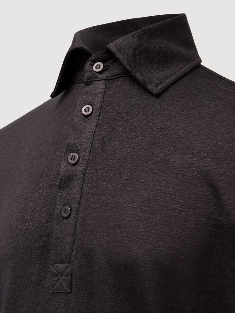 Madeira French Linen Long Sleeve Polo in *Berlin Black* (black) — collar and front buttons detail | Y.Chroma