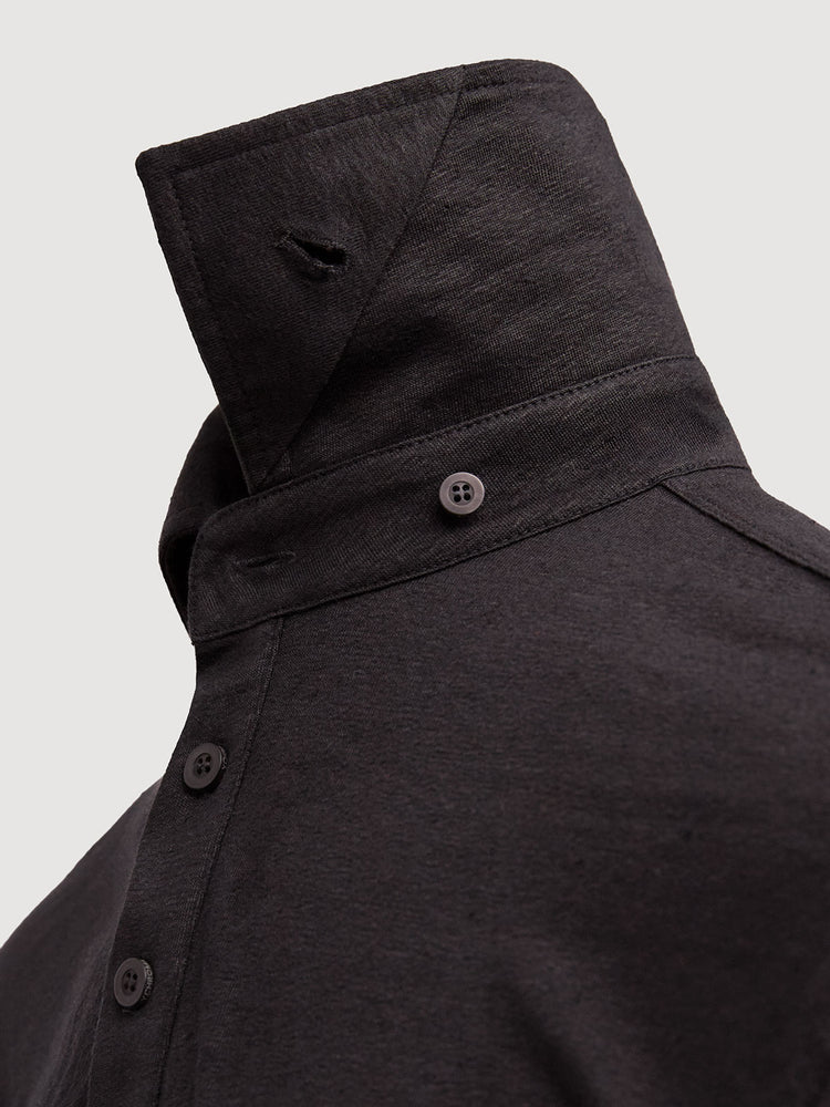 Madeira French Linen Long Sleeve Polo in *Berlin Black* (black) — collar button system detail | Y.Chroma