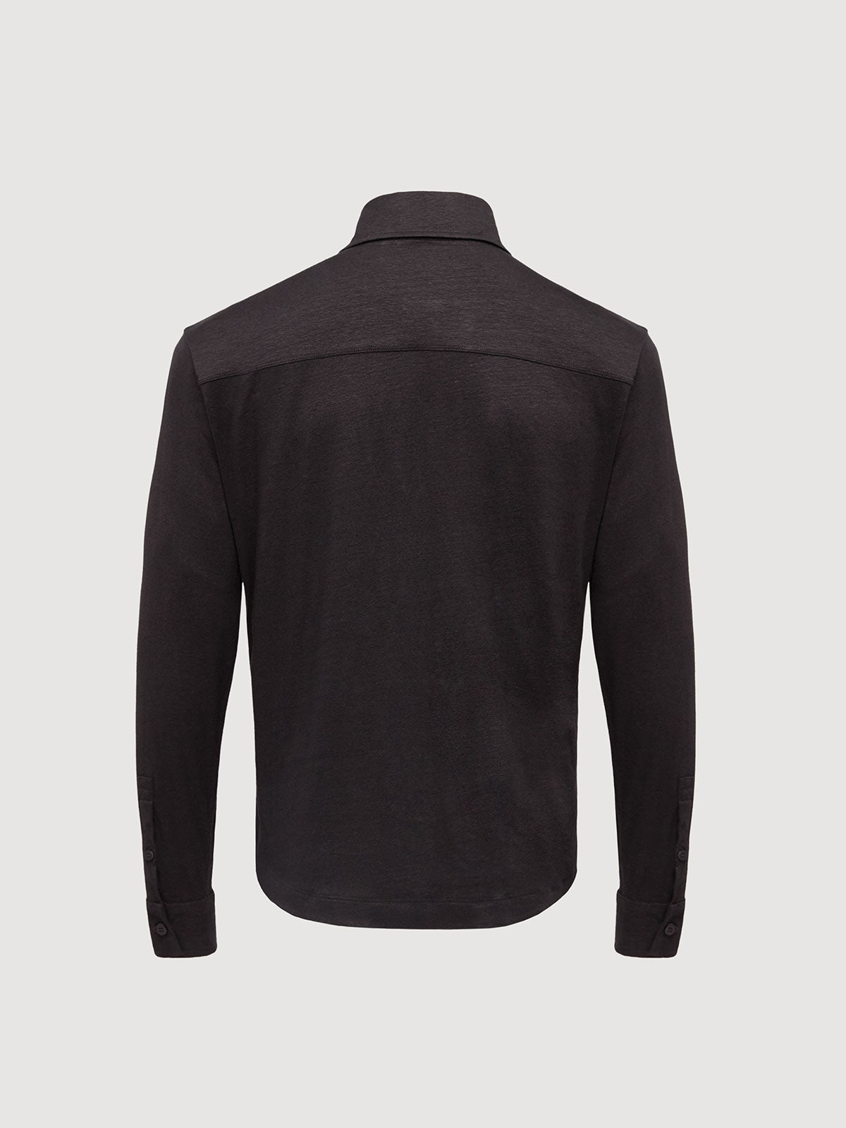 Madeira French Linen Long Sleeve Polo in *Berlin Black* (black) — flat lay back | Y.Chroma
