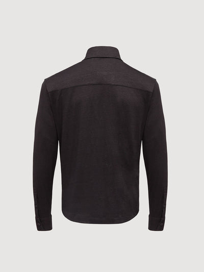 Madeira French Linen Long Sleeve Polo in *Berlin Black* (black) — flat lay back | Y.Chroma