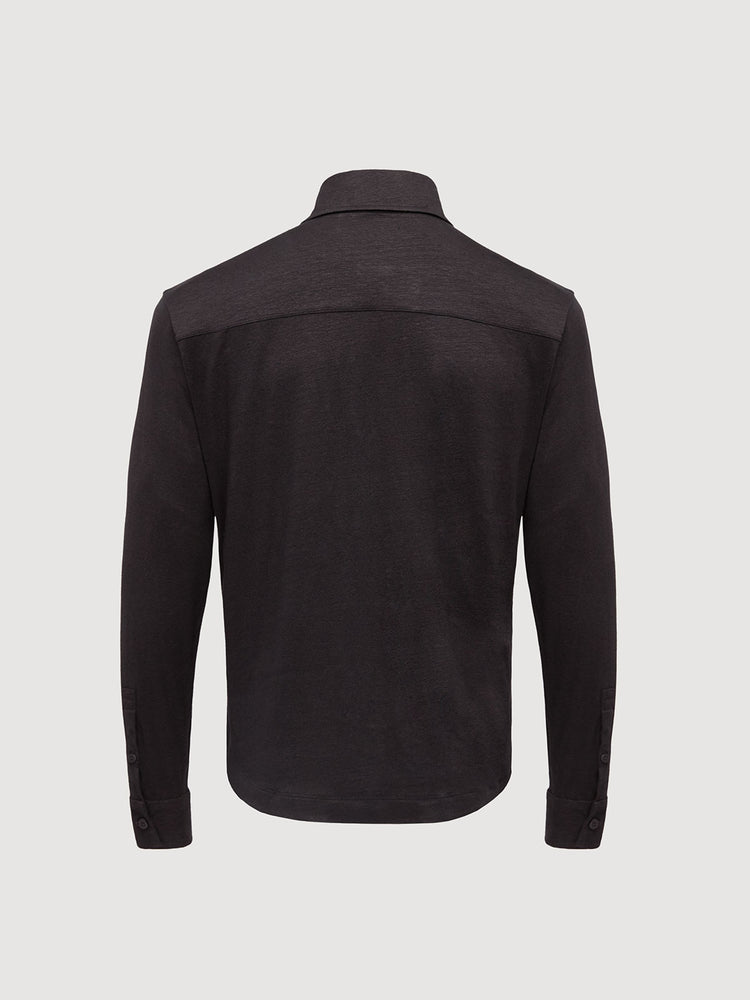 Madeira French Linen Long Sleeve Polo in *Berlin Black* (black) — flat lay back | Y.Chroma