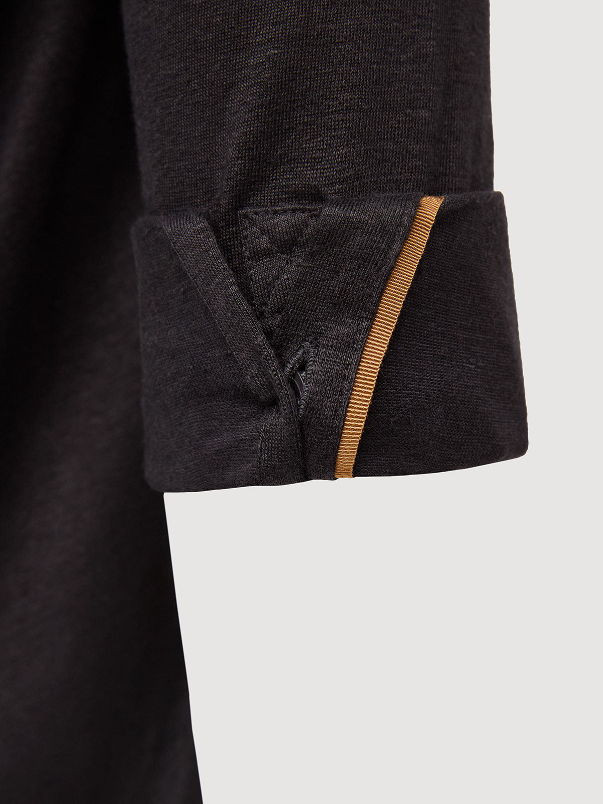 Madeira French Linen Long Sleeve Polo in *Berlin Black* (black) — cuffed sleeve with Cognac Silk™ engineered cuff system | Y.Chroma
