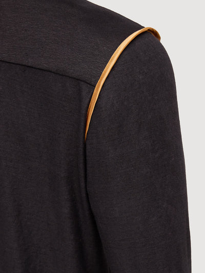 Madeira French Linen Long Sleeve Polo in *Berlin Black* (black) — Cognac Silk™ armhole lining detail | Y.Chroma