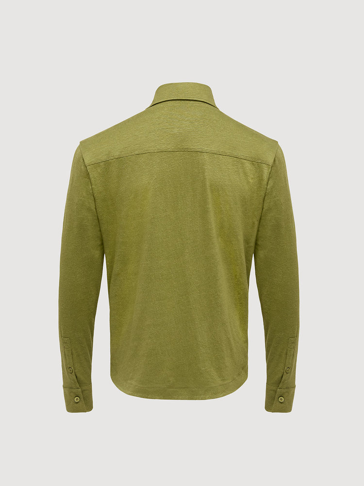 Madeira French Linen Long Sleeve Polo in *Military Olive* (olive green) — flat lay back | Y.Chroma