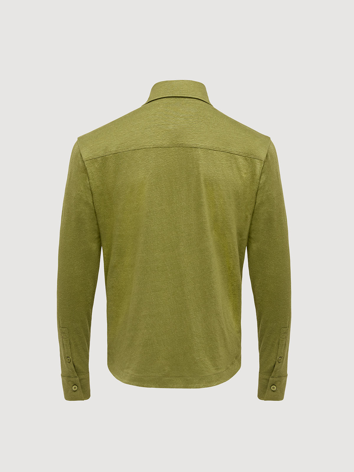 Madeira French Linen Long Sleeve Polo in *Military Olive* (olive green) — flat lay back | Y.Chroma