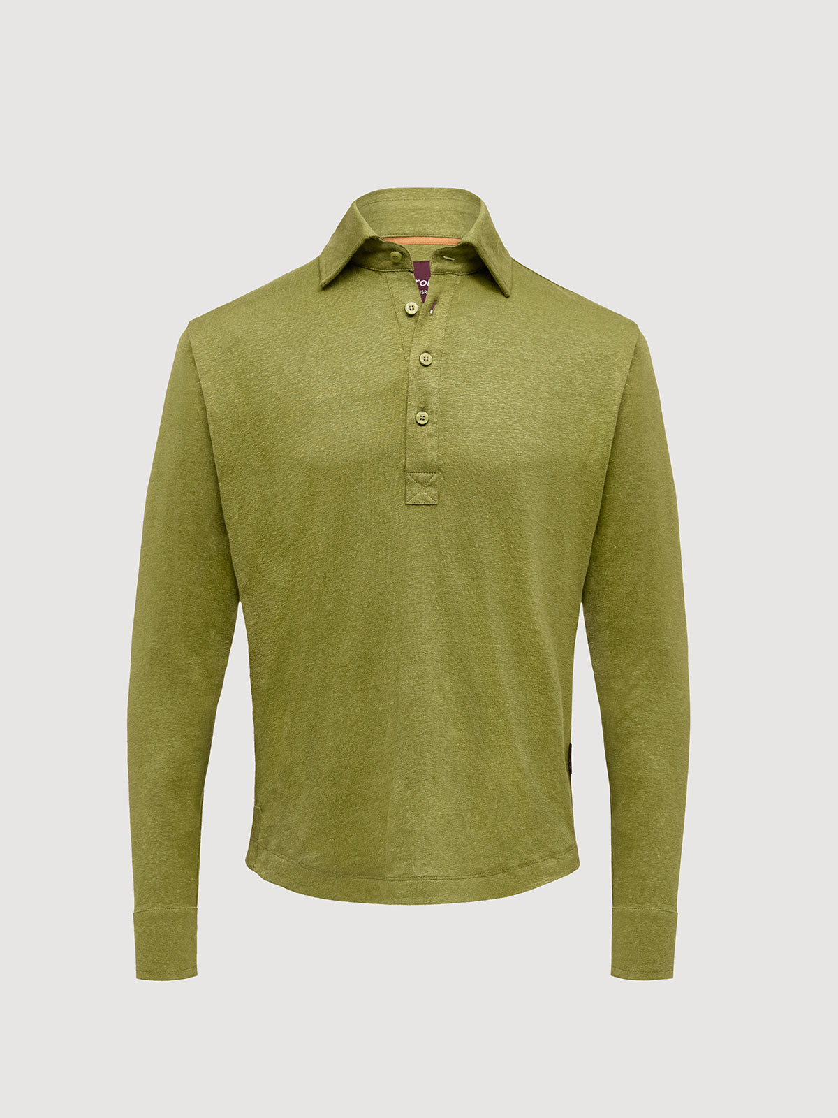 Madeira French Linen Long Sleeve Polo in *Military Olive* (olive green) — flat lay front | Y.Chroma
