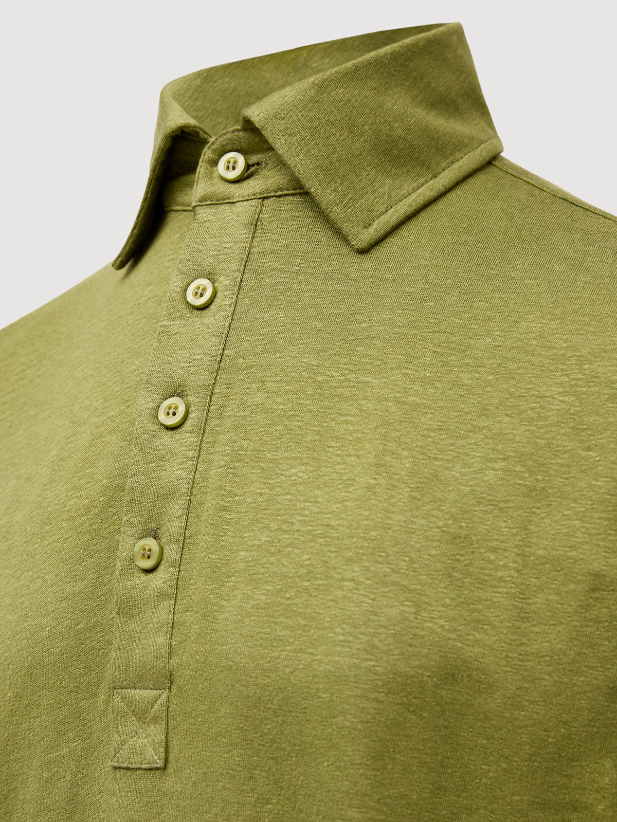 Madeira French Linen Long Sleeve Polo in *Military Olive* (olive green) — collar and front buttons detail | Y.Chroma