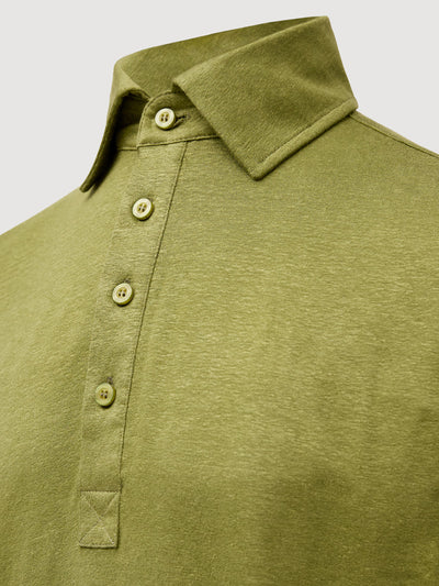 Madeira French Linen Long Sleeve Polo in *Military Olive* (olive green) — collar and front buttons detail | Y.Chroma