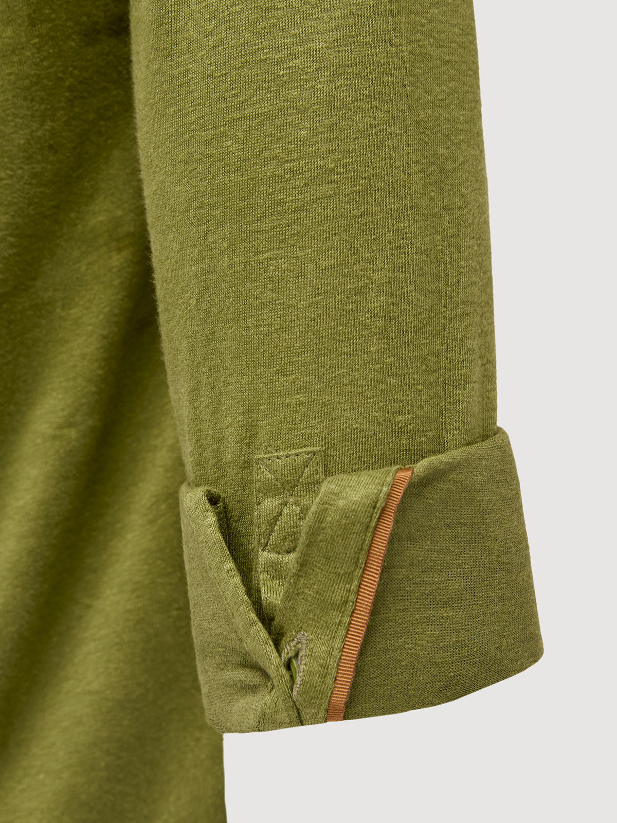 Madeira French Linen Long Sleeve Polo in *Military Olive* (olive green) — cuffed sleeve with Cognac Silk™ engineered cuff system | Y.Chroma