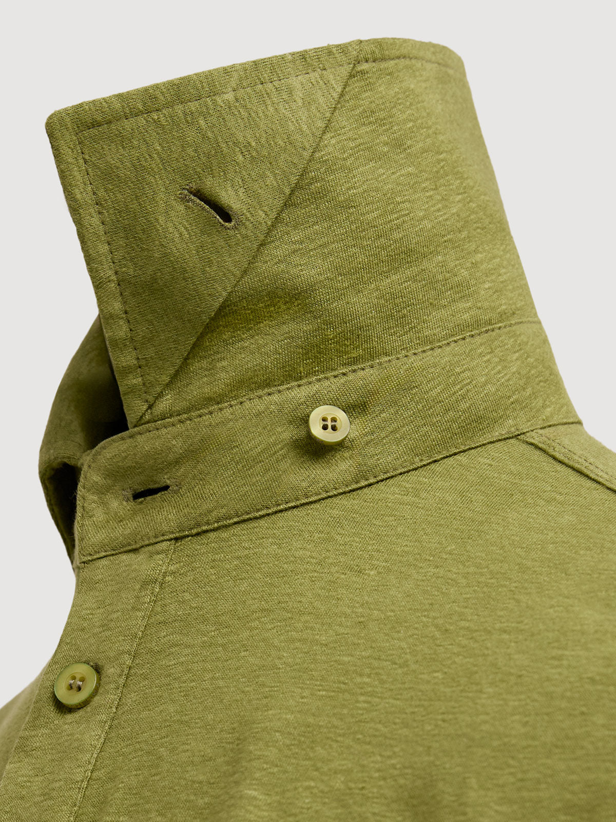 Madeira French Linen Long Sleeve Polo in *Military Olive* (olive green) — collar button system detail | Y.Chroma