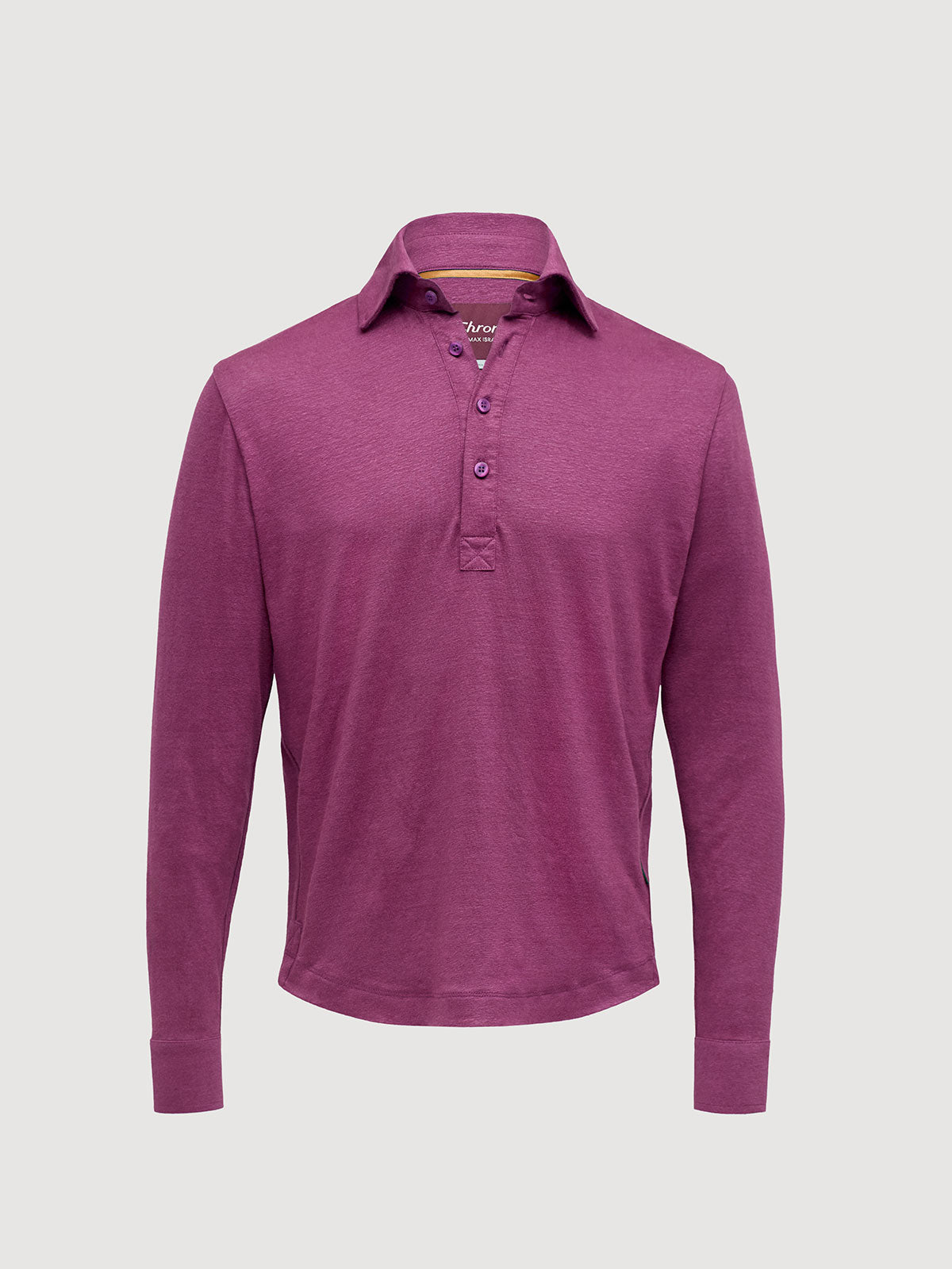 Madeira French Linen Long Sleeve Polo in *Italian Plum* (deep purple) — flat lay front | Y.Chroma