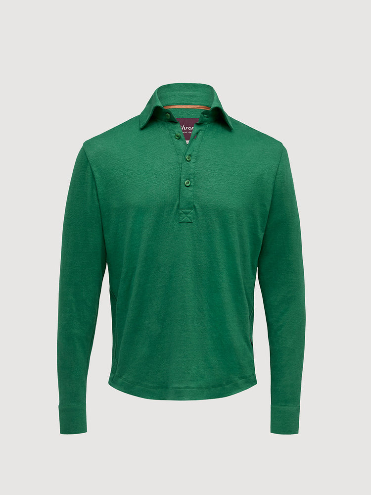 Madeira French Linen Long Sleeve Polo in *British Green* (forest green) — flat lay front | Y.Chroma