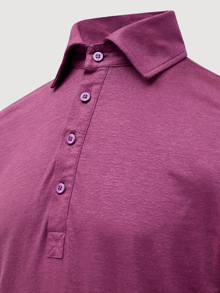 Madeira French Linen Long Sleeve Polo in *Italian Plum* (deep purple) — collar and front buttons detail | Y.Chroma