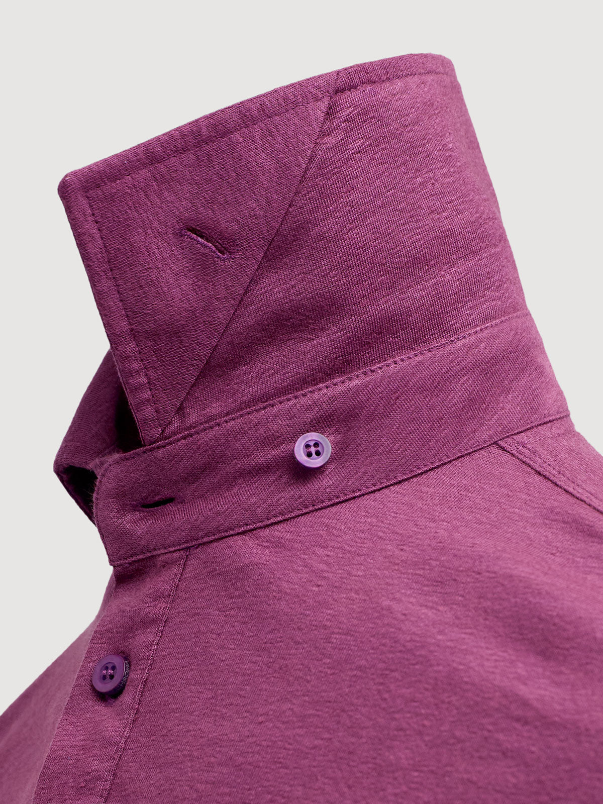 Madeira French Linen Long Sleeve Polo in *Italian Plum* (deep purple) — collar button system detail | Y.Chroma