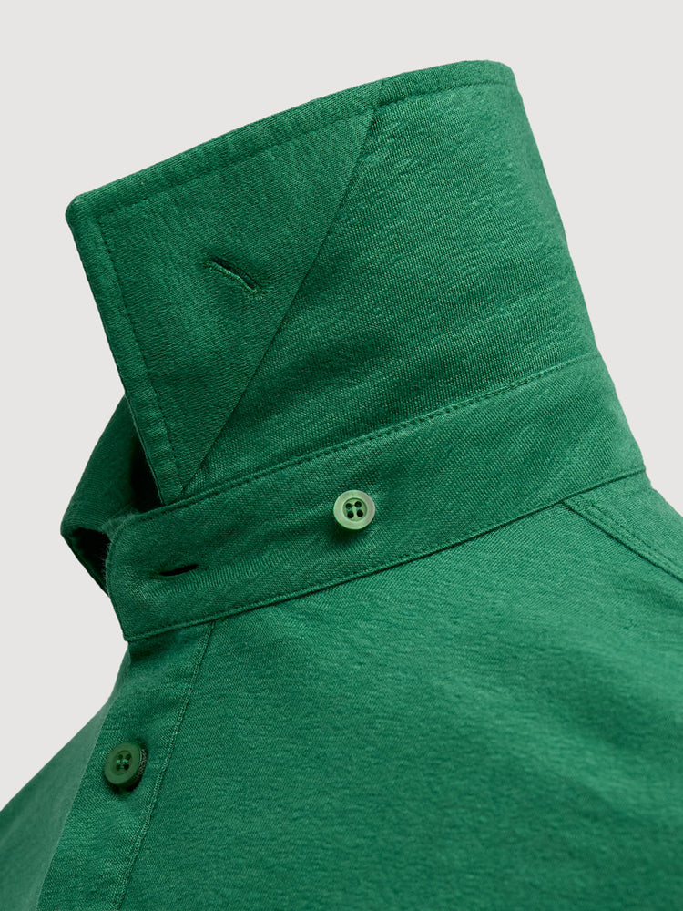 Madeira French Linen Long Sleeve Polo in *British Green* (forest green) — collar button system detail | Y.Chroma