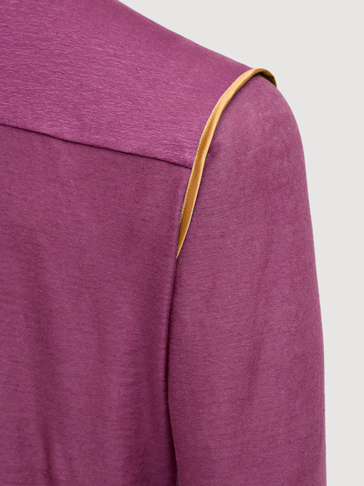 Madeira French Linen Long Sleeve Polo in *Italian Plum* (deep purple) — Cognac Silk™ armhole lining detail | Y.Chroma