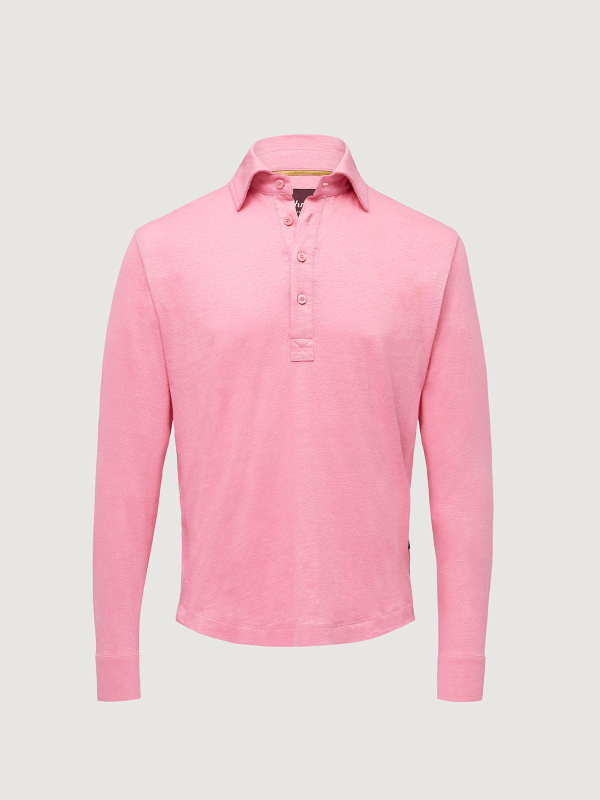 Madeira French Linen Long Sleeve Polo in *Quartz Pink* (dusty pink) — flat lay front | Y.Chroma