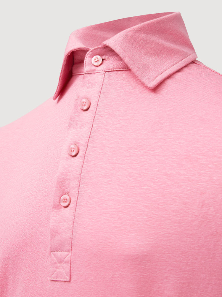 Madeira French Linen Long Sleeve Polo in *Quartz Pink* (dusty pink) — collar and front buttons detail | Y.Chroma