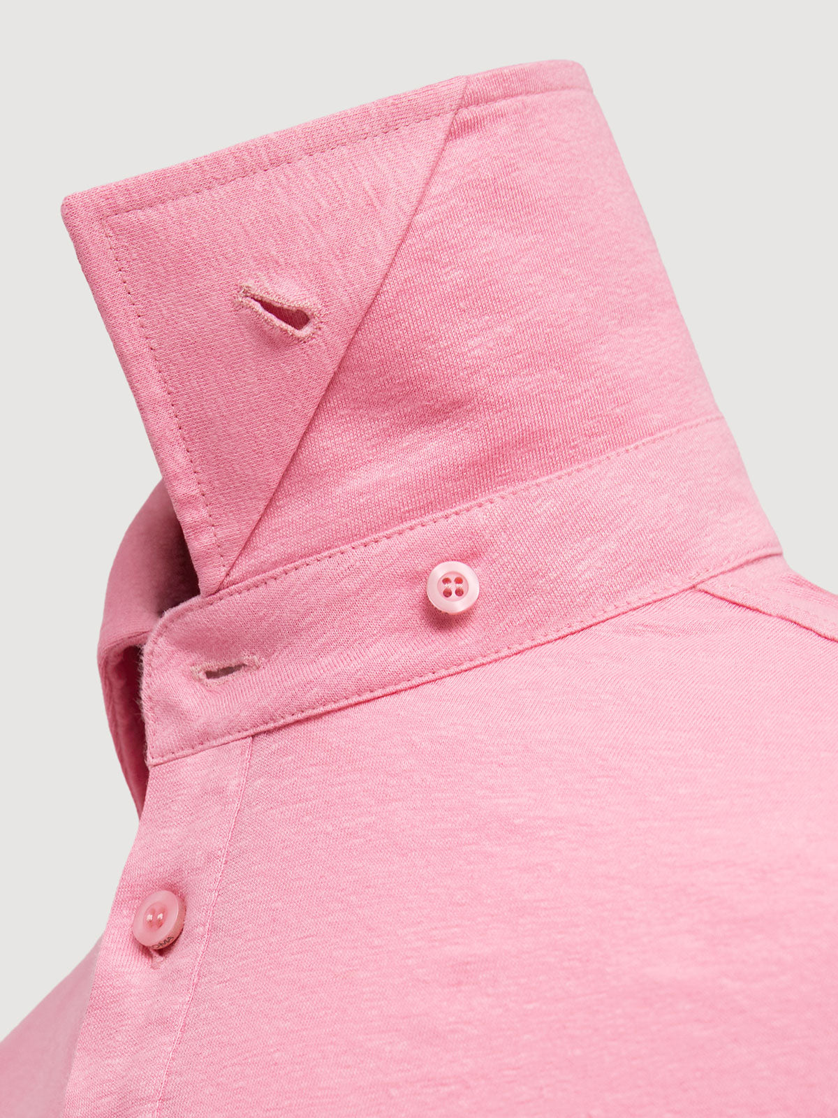 Madeira French Linen Long Sleeve Polo in *Quartz Pink* (dusty pink) — collar button system detail | Y.Chroma