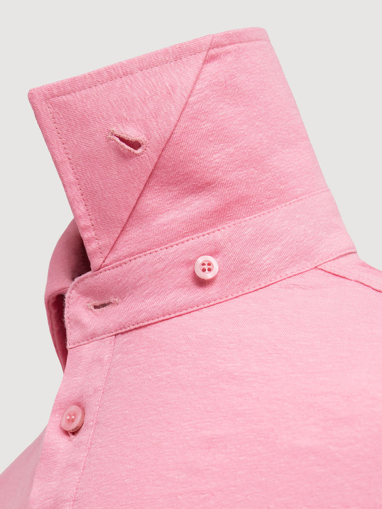 Madeira French Linen Long Sleeve Polo in *Quartz Pink* (dusty pink) — collar button system detail | Y.Chroma