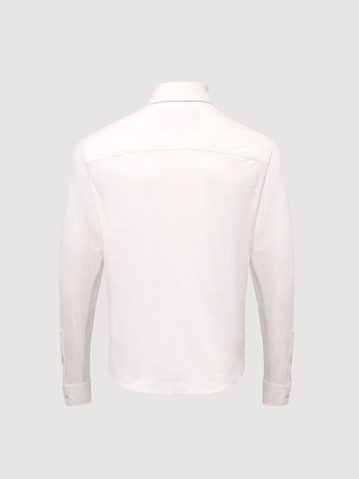 Madeira French Linen Long Sleeve Polo in *White Lotus* (off-white) — flat lay back | Y.Chroma