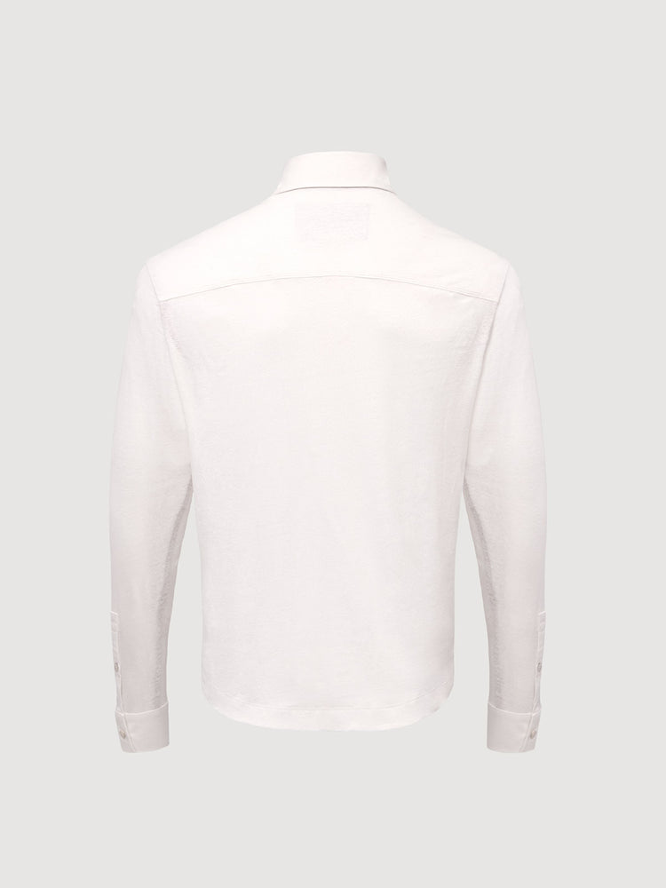 Madeira French Linen Long Sleeve Polo in *White Lotus* (off-white) — flat lay back | Y.Chroma