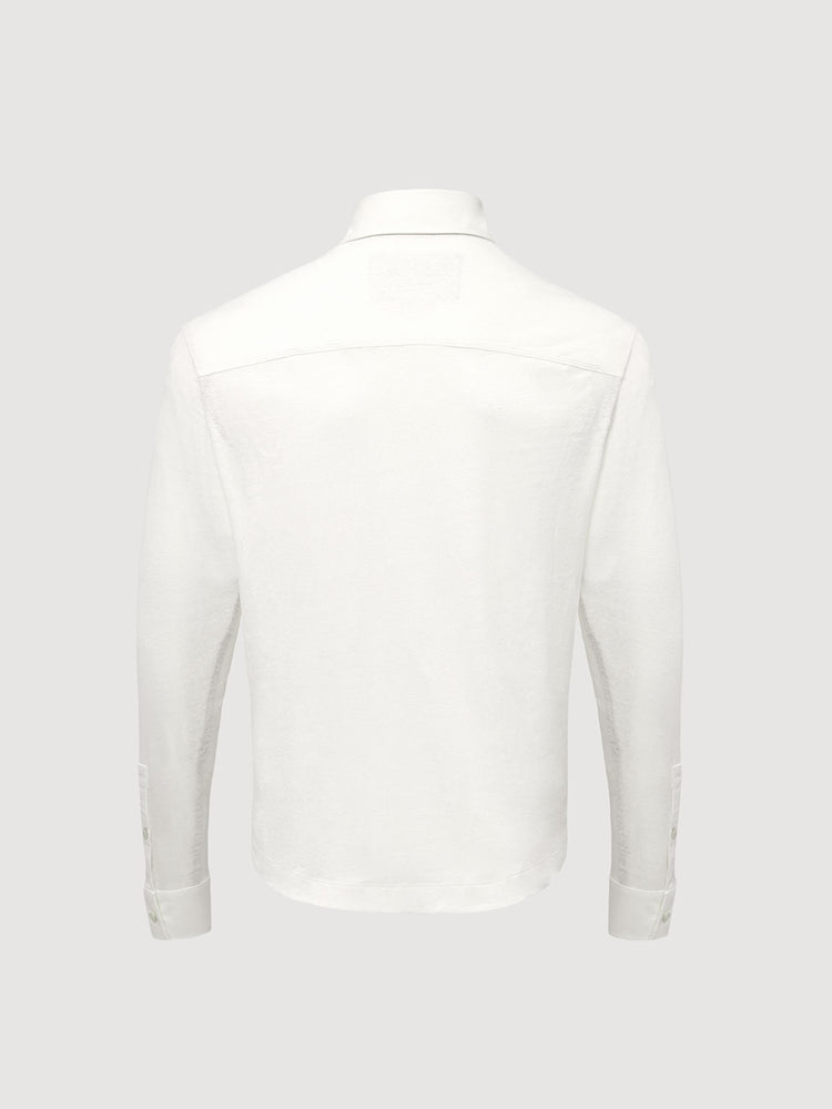 Madeira French Linen Long Sleeve Polo in *White Lotus* (off-white) — flat lay back | Y.Chroma