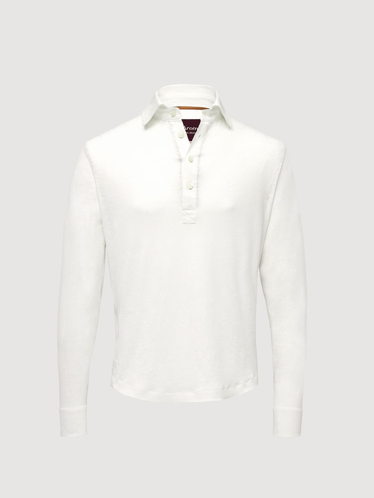 Madeira French Linen Long Sleeve Polo in *White Lotus* (off-white) — flat lay front | Y.Chroma