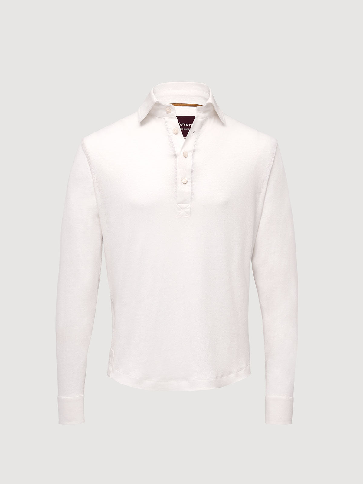 Madeira French Linen Long Sleeve Polo in *White Lotus* (off-white) — flat lay front | Y.Chroma