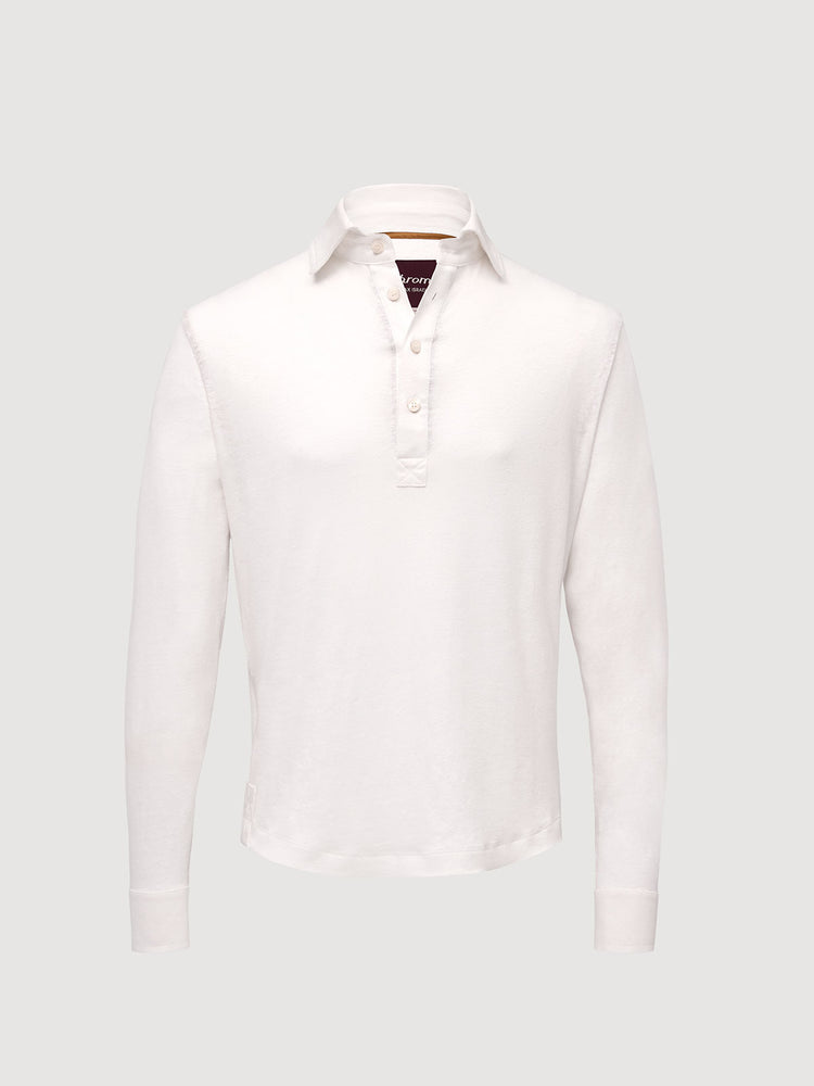 Madeira French Linen Long Sleeve Polo in *White Lotus* (off-white) — flat lay front | Y.Chroma