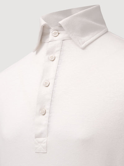 Madeira French Linen Long Sleeve Polo in *White Lotus* (off-white) — collar and front buttons detail | Y.Chroma