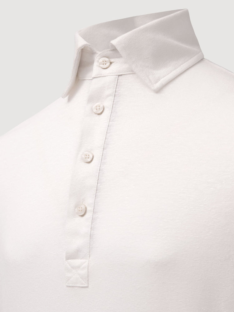 Madeira French Linen Long Sleeve Polo in *White Lotus* (off-white) — collar and front buttons detail | Y.Chroma