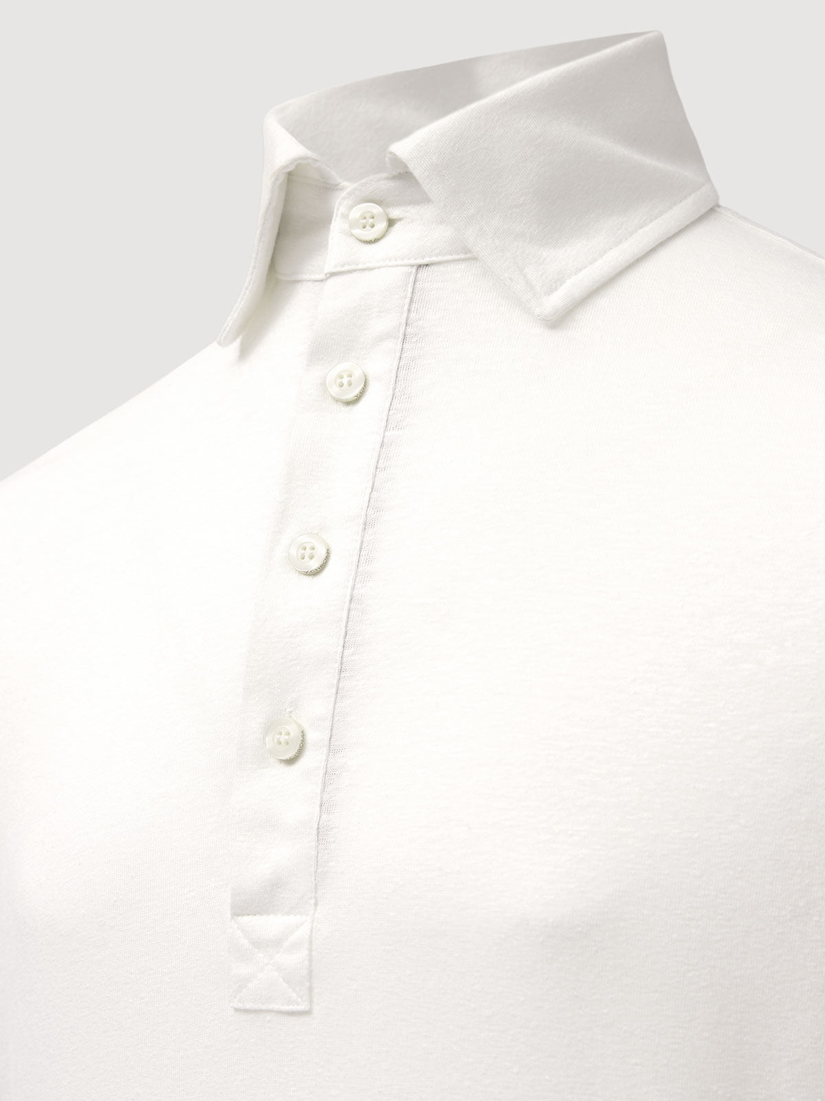 Madeira French Linen Long Sleeve Polo in *White Lotus* (off-white) — collar and front buttons detail | Y.Chroma