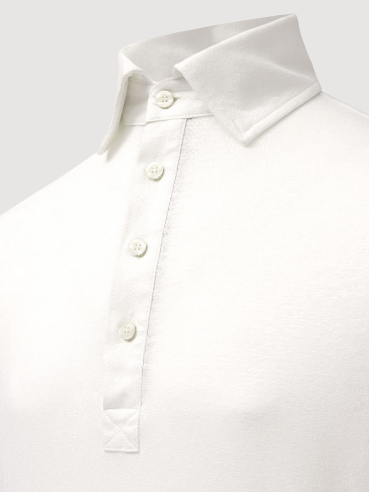 Madeira French Linen Long Sleeve Polo in *White Lotus* (off-white) — collar and front buttons detail | Y.Chroma