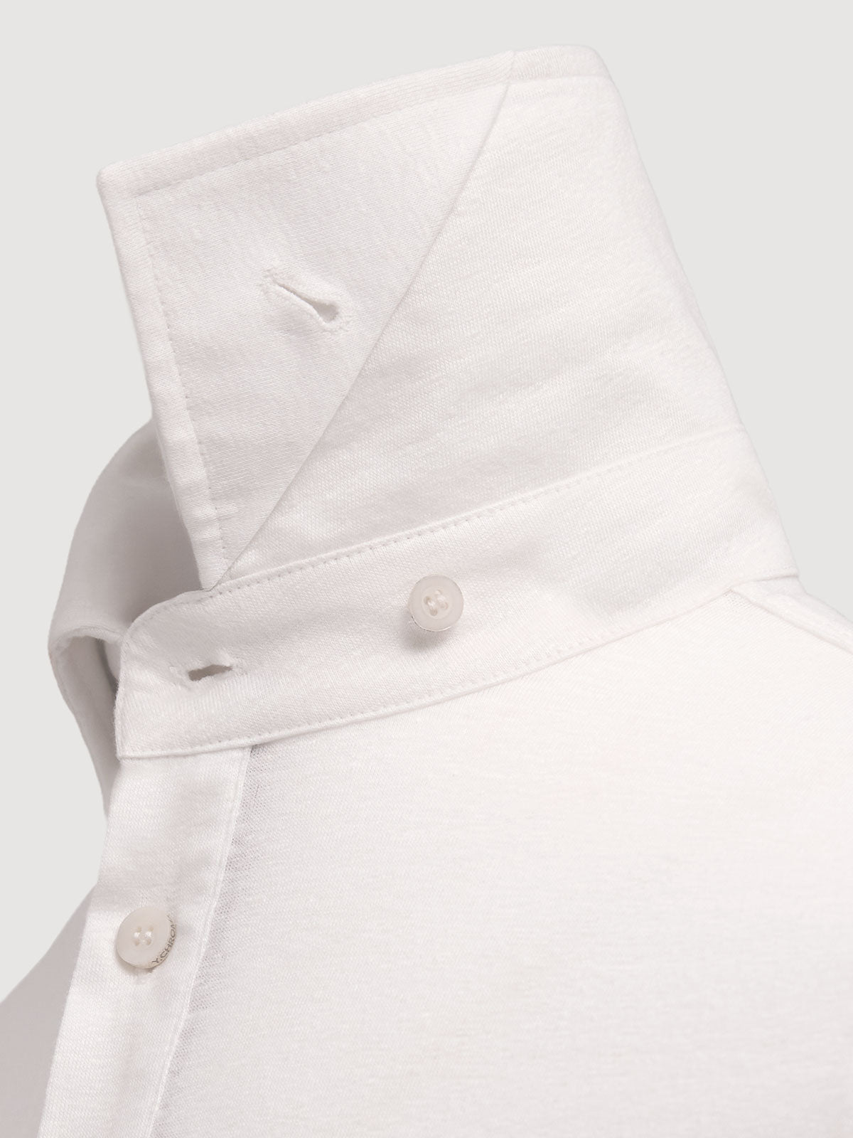 Madeira French Linen Long Sleeve Polo in *White Lotus* (off-white) — collar button system detail | Y.Chroma