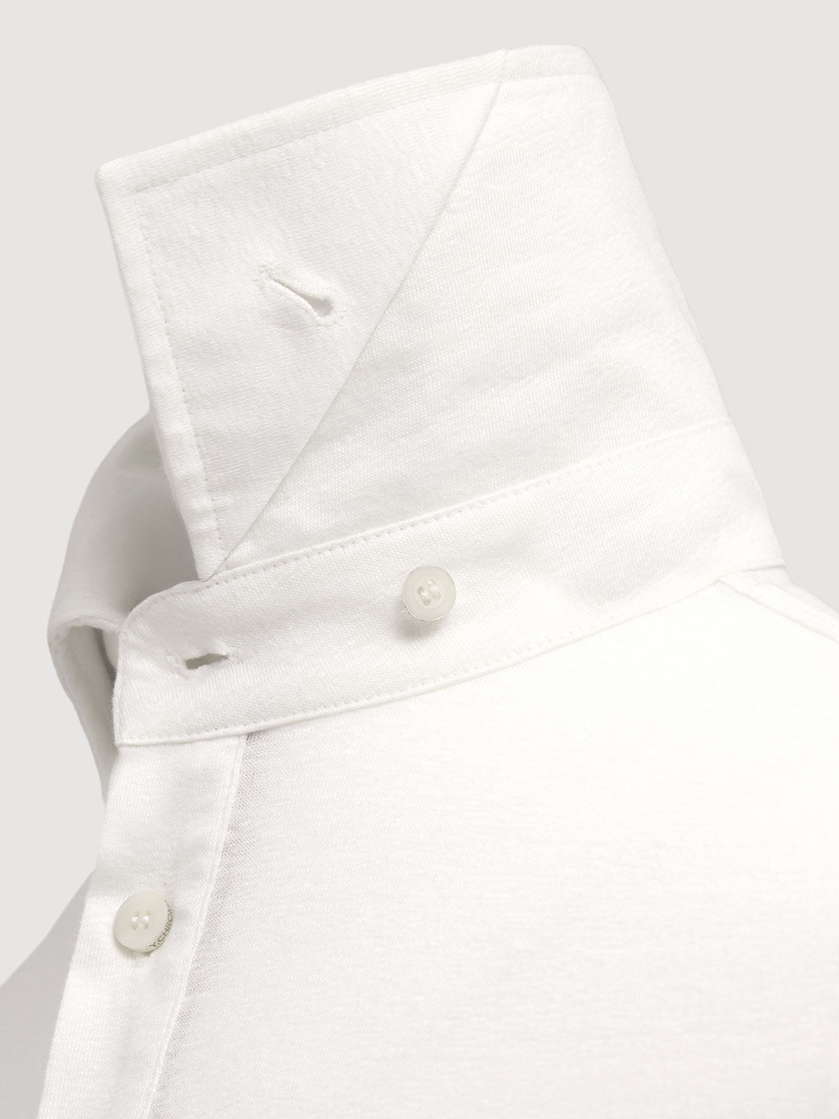 Madeira French Linen Long Sleeve Polo in *White Lotus* (off-white) — collar button system detail | Y.Chroma