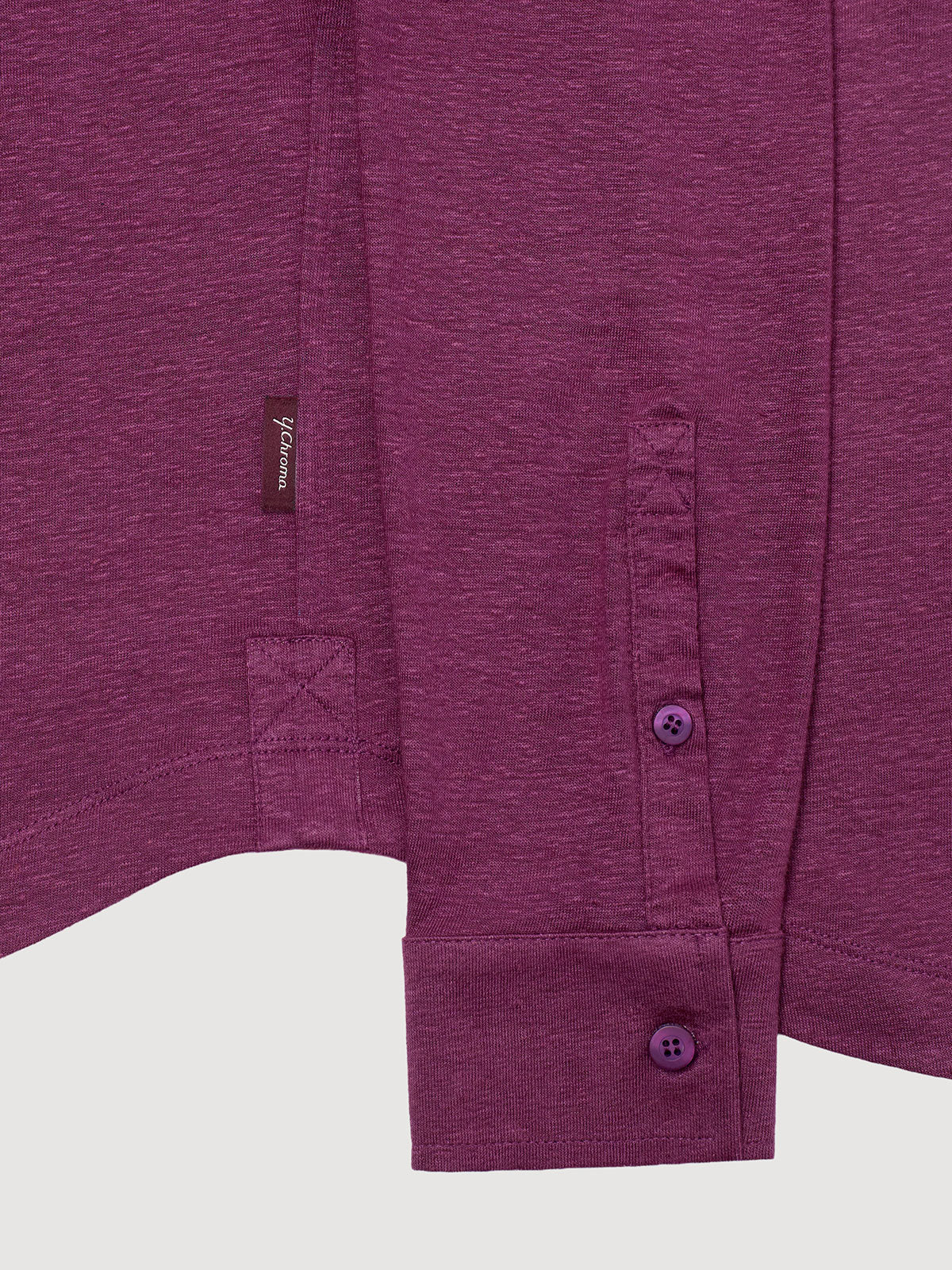 Madeira French Linen Long Sleeve Polo in *Italian Plum* (deep purple) — uncuffed sleeve button detail | Y.Chroma