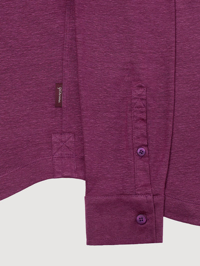 Madeira French Linen Long Sleeve Polo in *Italian Plum* (deep purple) — uncuffed sleeve button detail | Y.Chroma