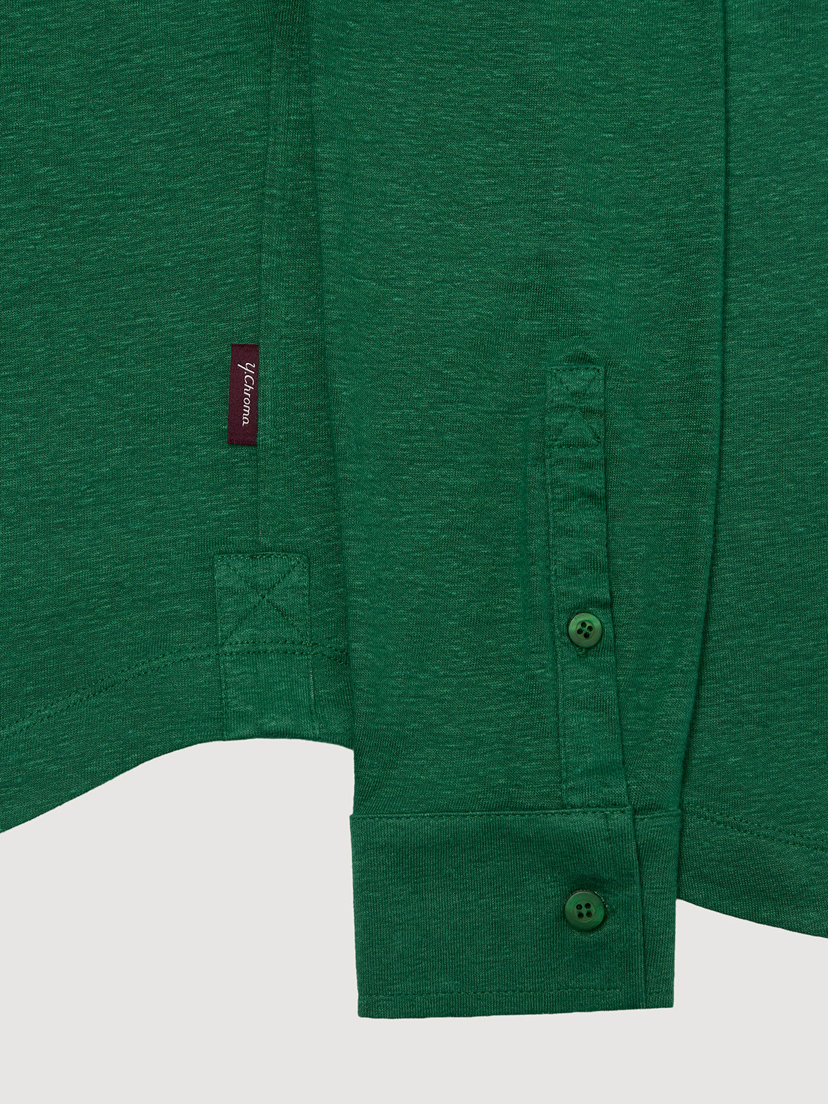 Madeira French Linen Long Sleeve Polo in *British Green* (forest green) — uncuffed sleeve button detail | Y.Chroma