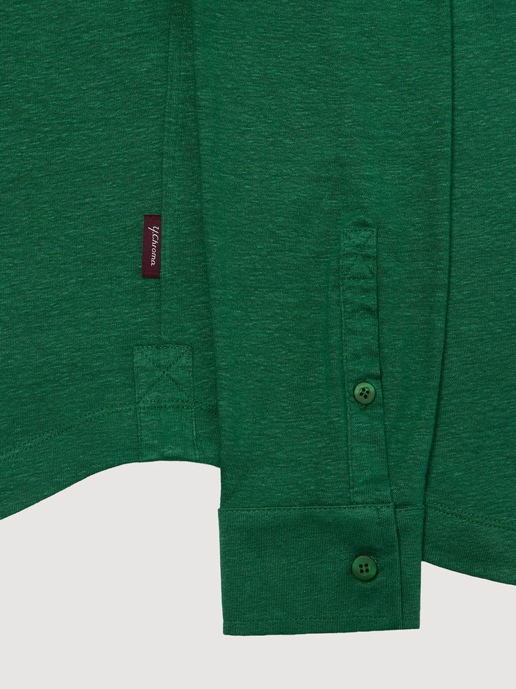 Madeira French Linen Long Sleeve Polo in *British Green* (forest green) — uncuffed sleeve button detail | Y.Chroma