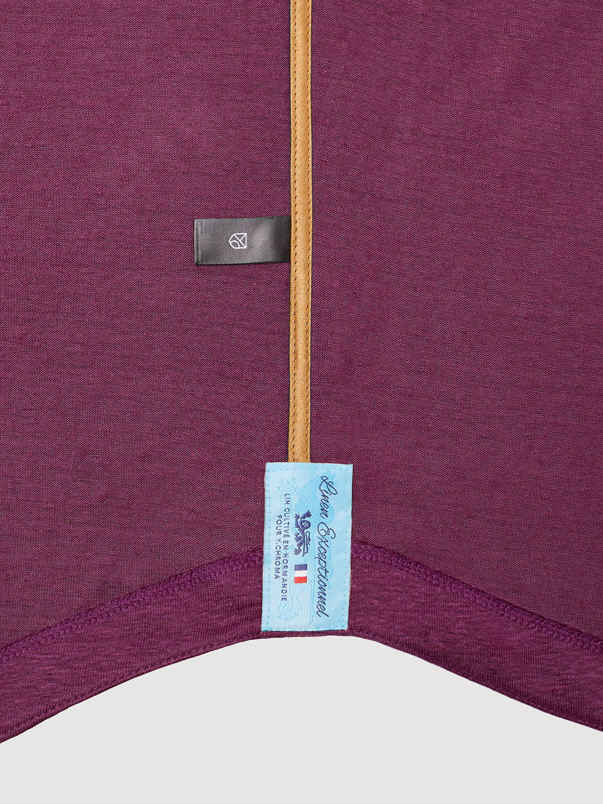 Madeira French Linen Long Sleeve Polo in *Italian Plum* (deep purple) — French linen label detail | Y.Chroma