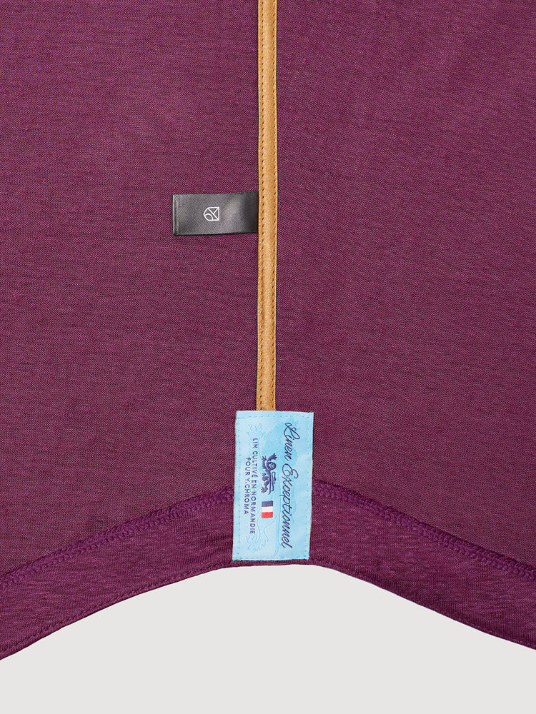 Madeira French Linen Long Sleeve Polo in *Italian Plum* (deep purple) — French linen label detail | Y.Chroma