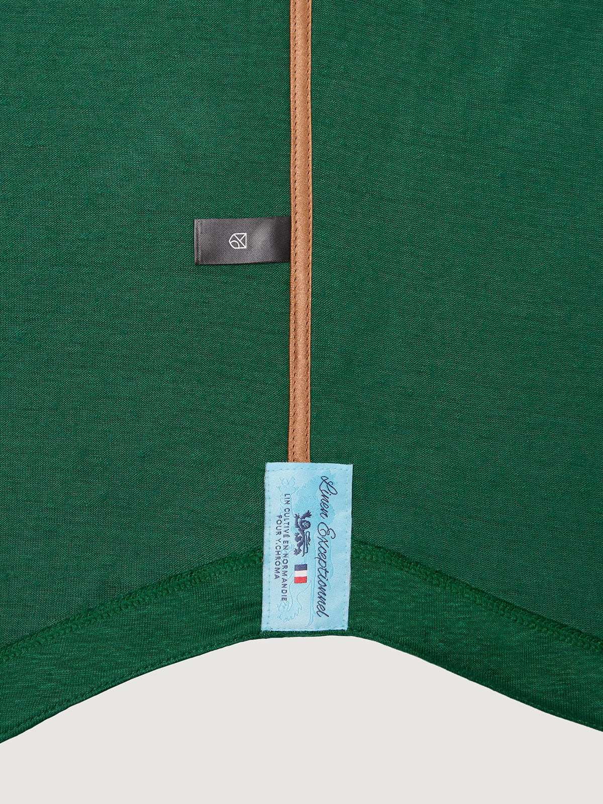 Madeira French Linen Long Sleeve Polo in *British Green* (forest green) — French linen label detail | Y.Chroma