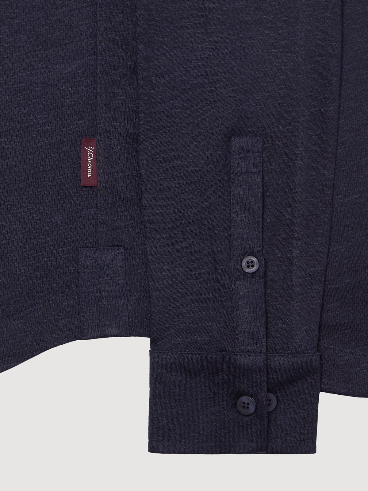 Madeira French Linen Long Sleeve Polo in *Midnight Blue* (navy blue) — uncuffed sleeve button detail | Y.Chroma