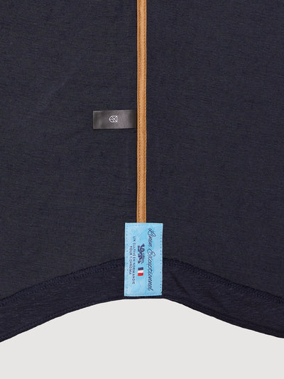 Madeira French Linen Short Sleeve Polo in *Midnight Blue* (navy blue) — French linen label detail | Y.Chroma