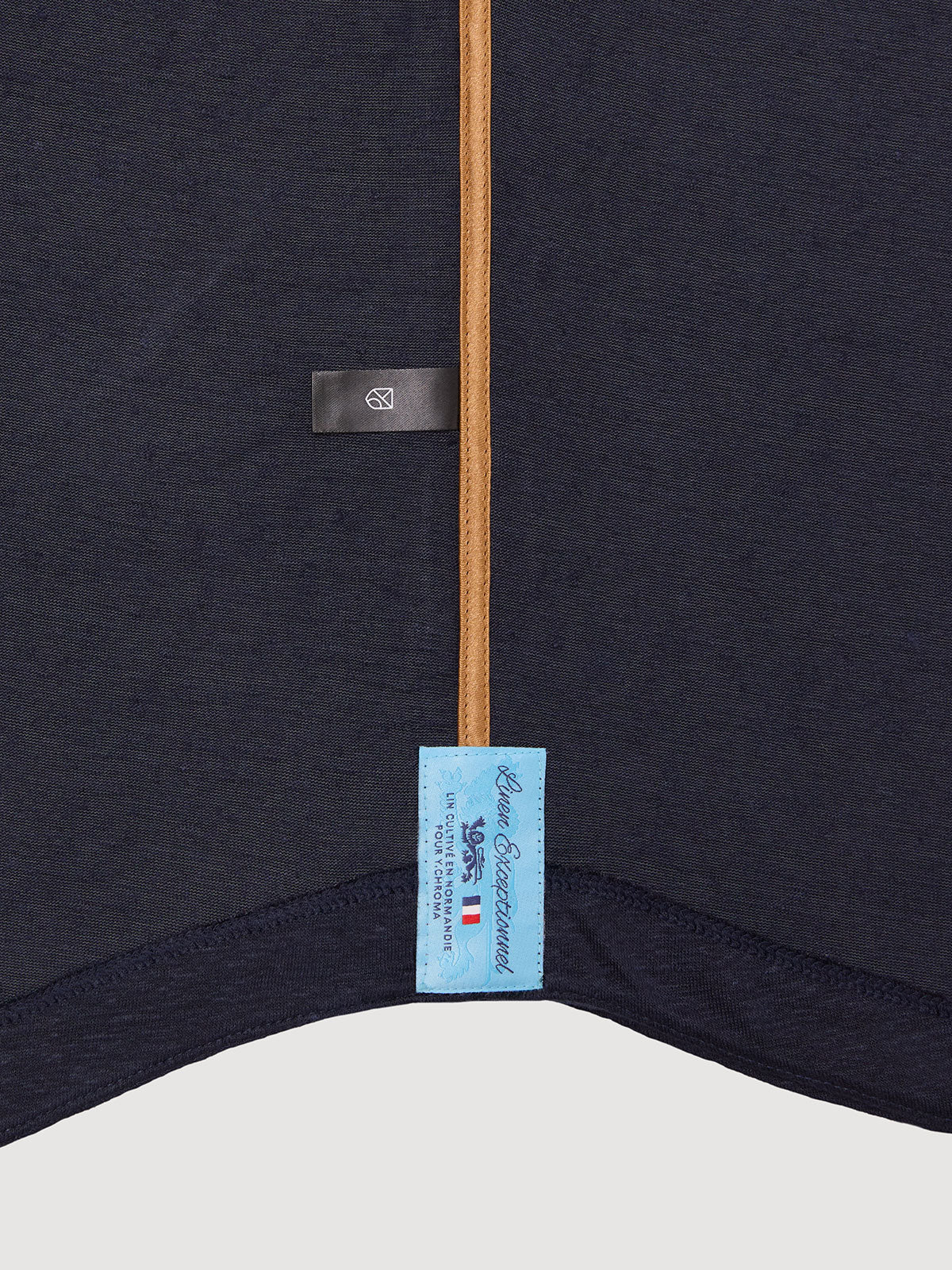 Madeira French Linen Long Sleeve Polo in *Midnight Blue* (navy blue) — French linen label detail | Y.Chroma