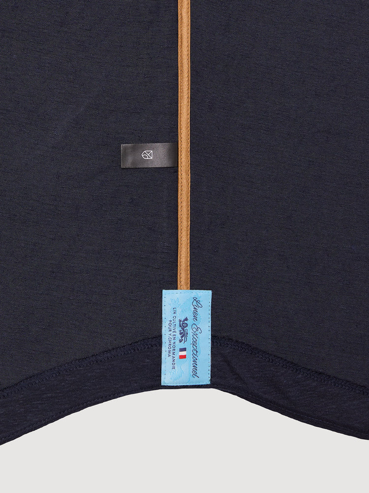 Madeira French Linen Long Sleeve Polo in *Midnight Blue* (navy blue) — French linen label detail | Y.Chroma