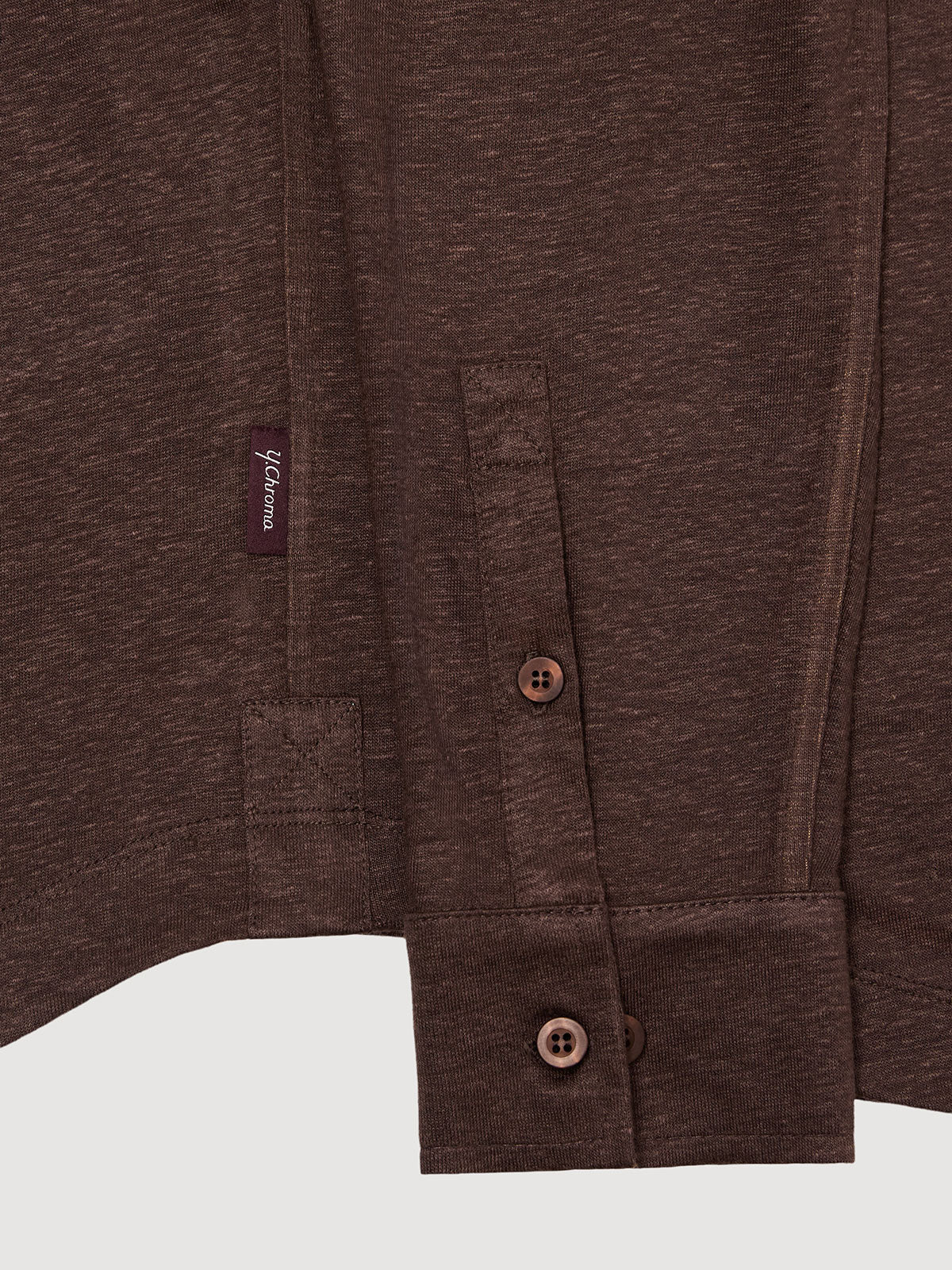 Madeira French Linen Long Sleeve Polo in *Java Brown* (warm brown) — uncuffed sleeve button detail | Y.Chroma