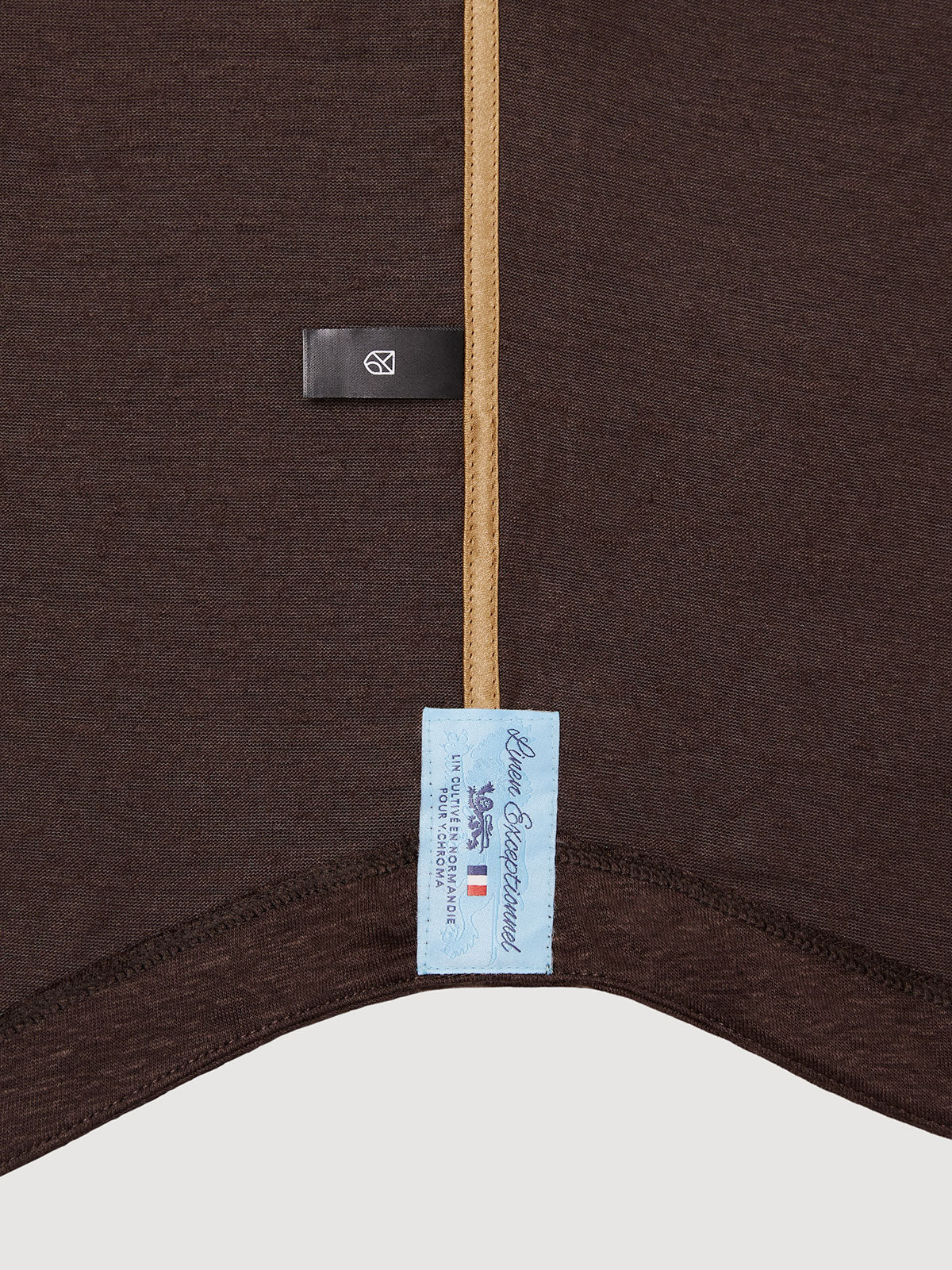 Madeira French Linen Long Sleeve Polo in *Java Brown* (warm brown) — French linen label detail | Y.Chroma