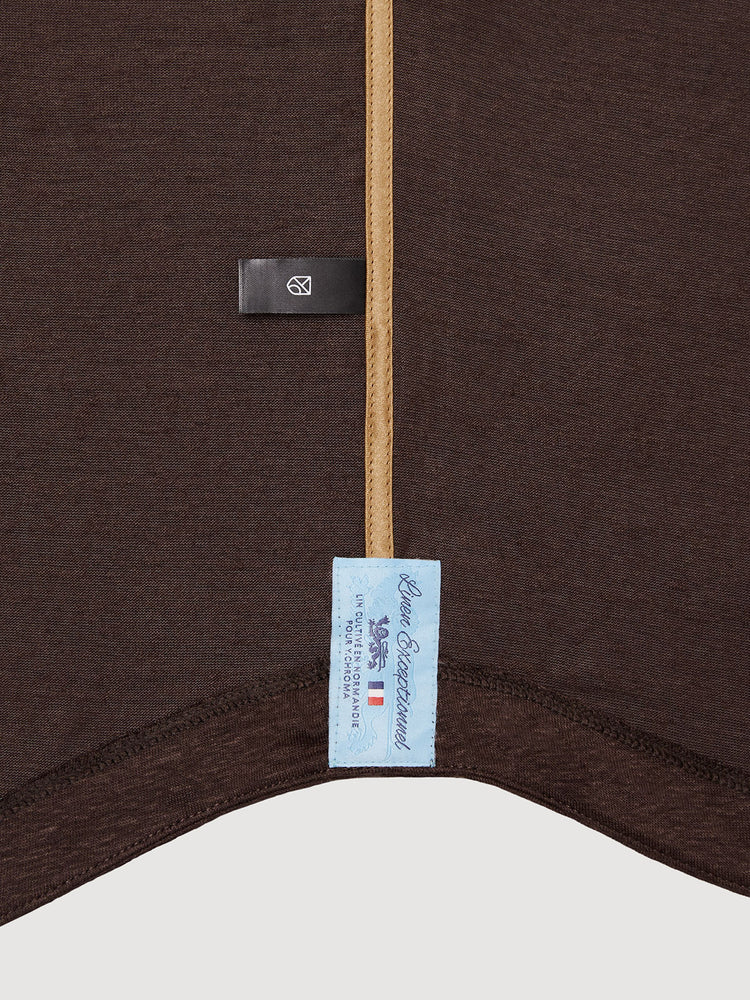 Madeira French Linen Long Sleeve Polo in *Java Brown* (warm brown) — French linen label detail | Y.Chroma